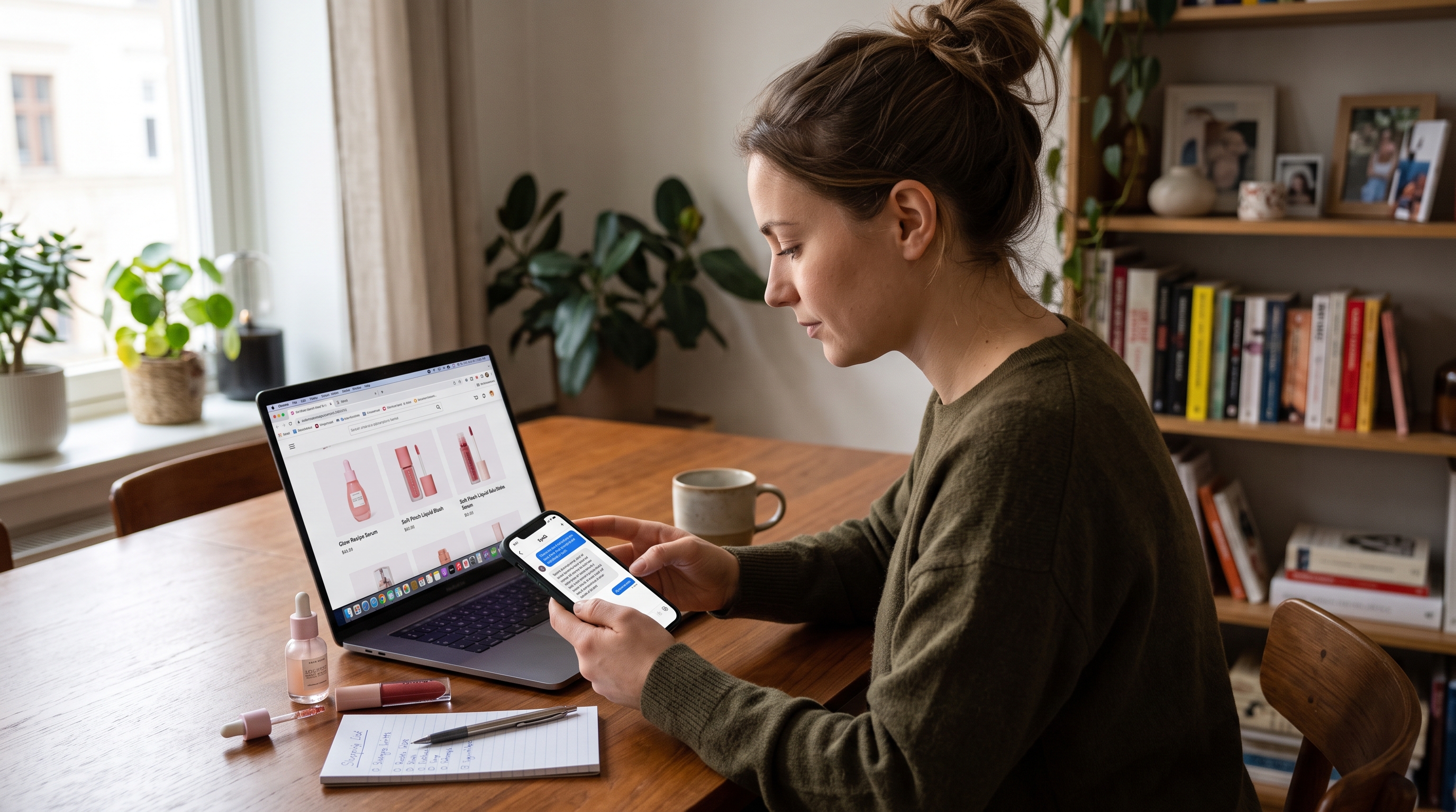 A woman at a wooden table uses her smartphone to chat with an AI assistant while viewing beauty products on her laptop.