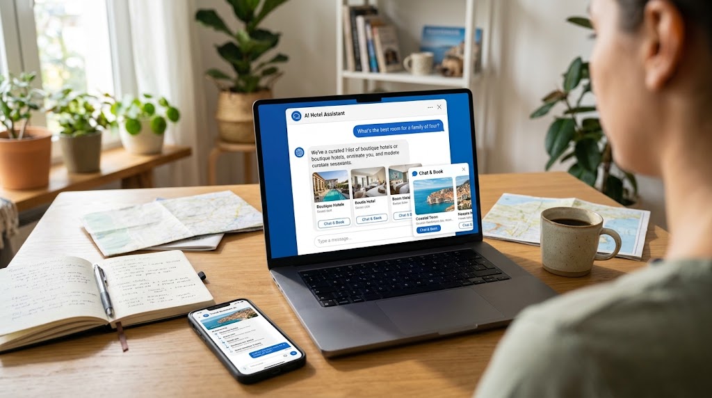 An AI chat assistant on a laptop screen warning a user about missing pricing breakdowns and cancellation policies.