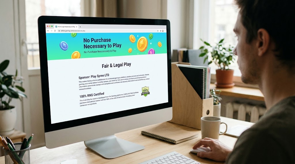 A desktop computer screen showing a web page titled Fair and Legal Play with a 100 percent RNG certification logo.