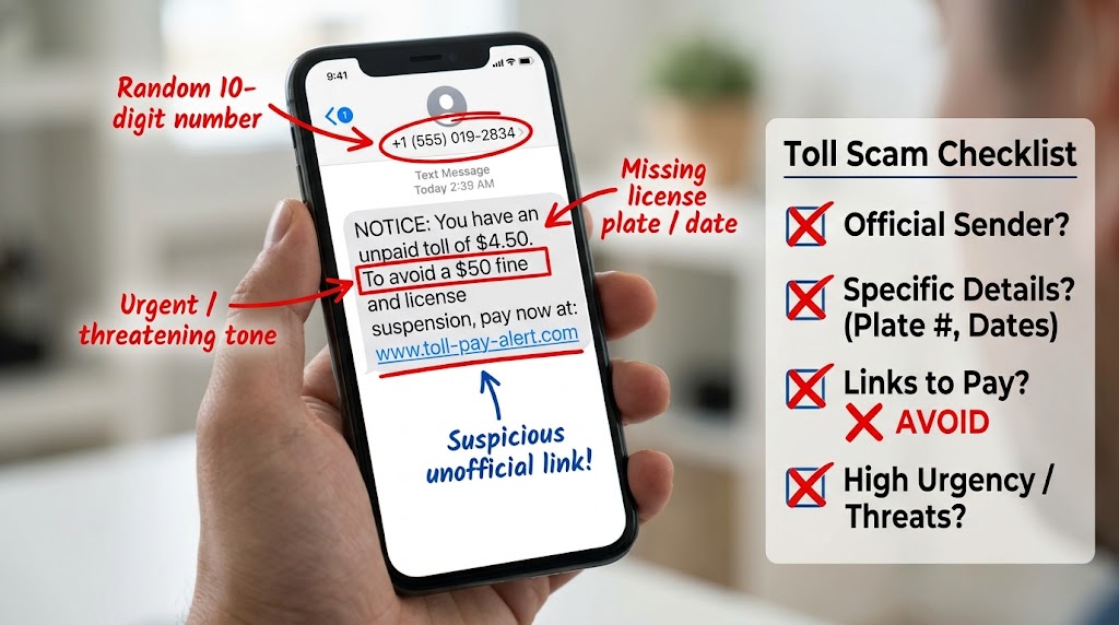 Checklist highlighting scam toll text red flags: random number, missing plate/date details, urge to pay via link, and threats.