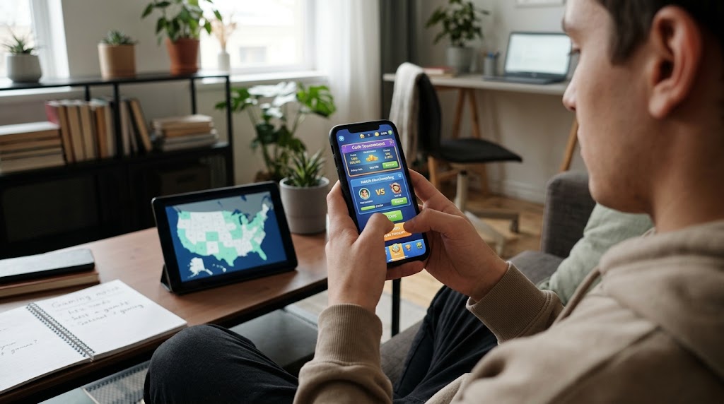 A gamer holding a smartphone with a real-money tournament interface next to a tablet displaying a US availability map.