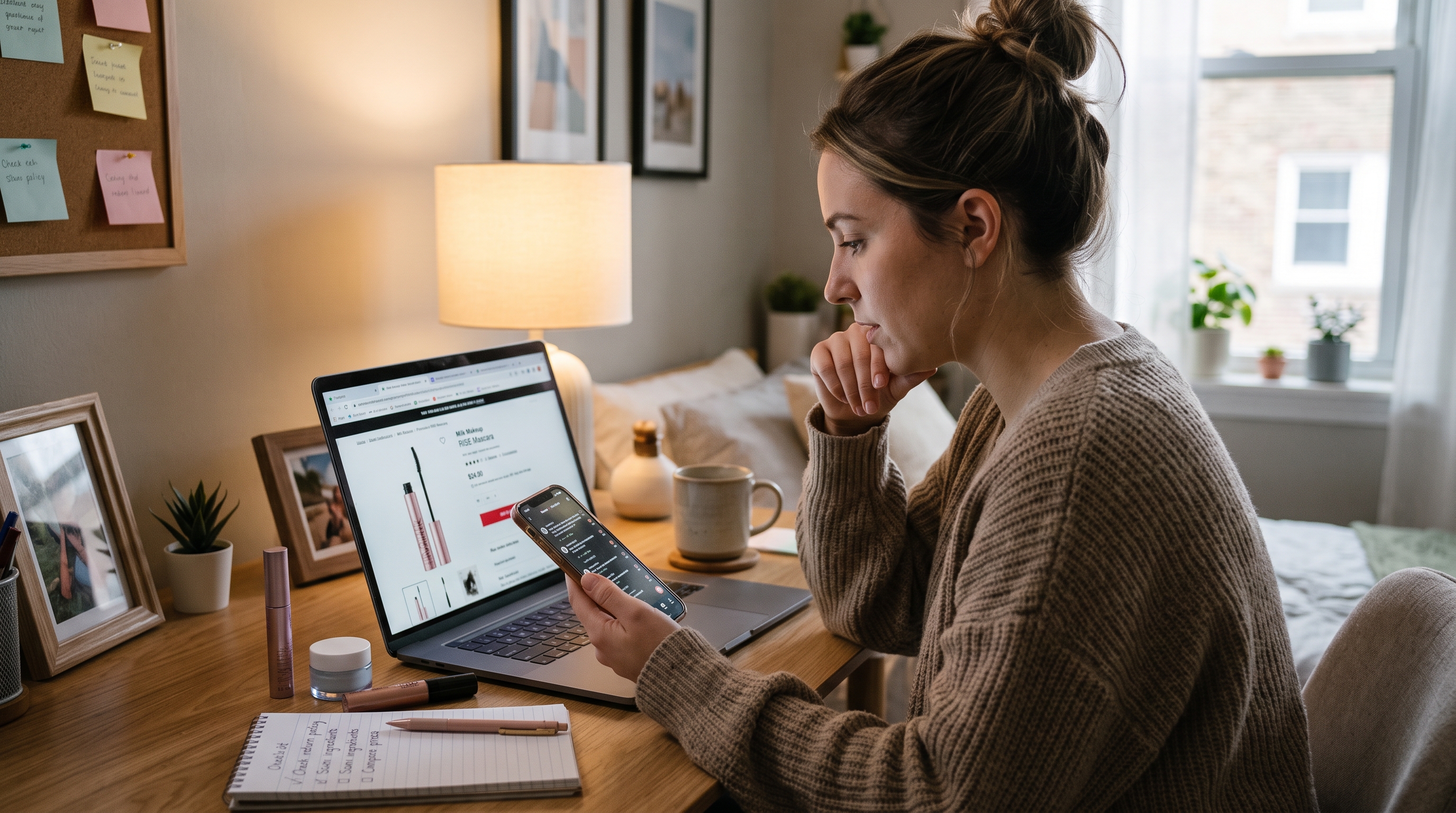 A woman sits at a desk, checking her smartphone while viewing a beauty product on her laptop next to a handwritten checklist.