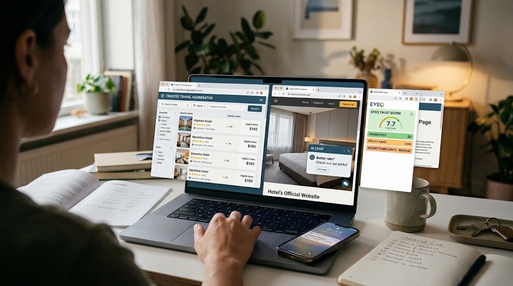 Laptop displaying a hotel aggregator, official hotel website with AI chat, and EyeQ trust score for booking verification.