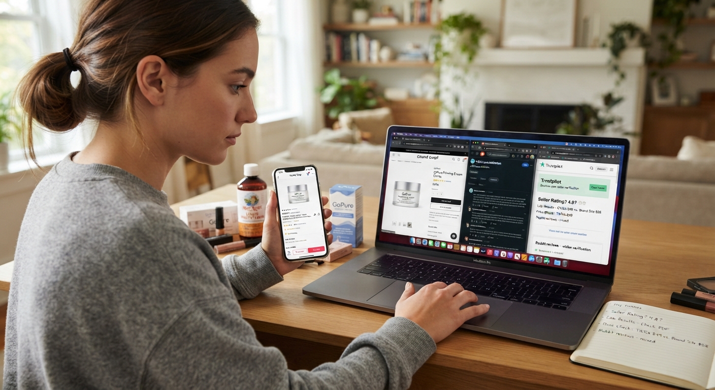 A woman checks TikTok shop prices on her smartphone while comparing product reviews and seller ratings on a laptop at her desk.
