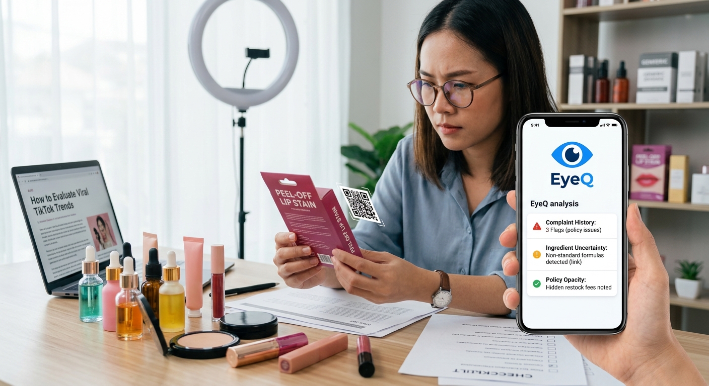 A woman reviews products at a desk while a phone displays an analysis app flagging complaints and uncertainty.
