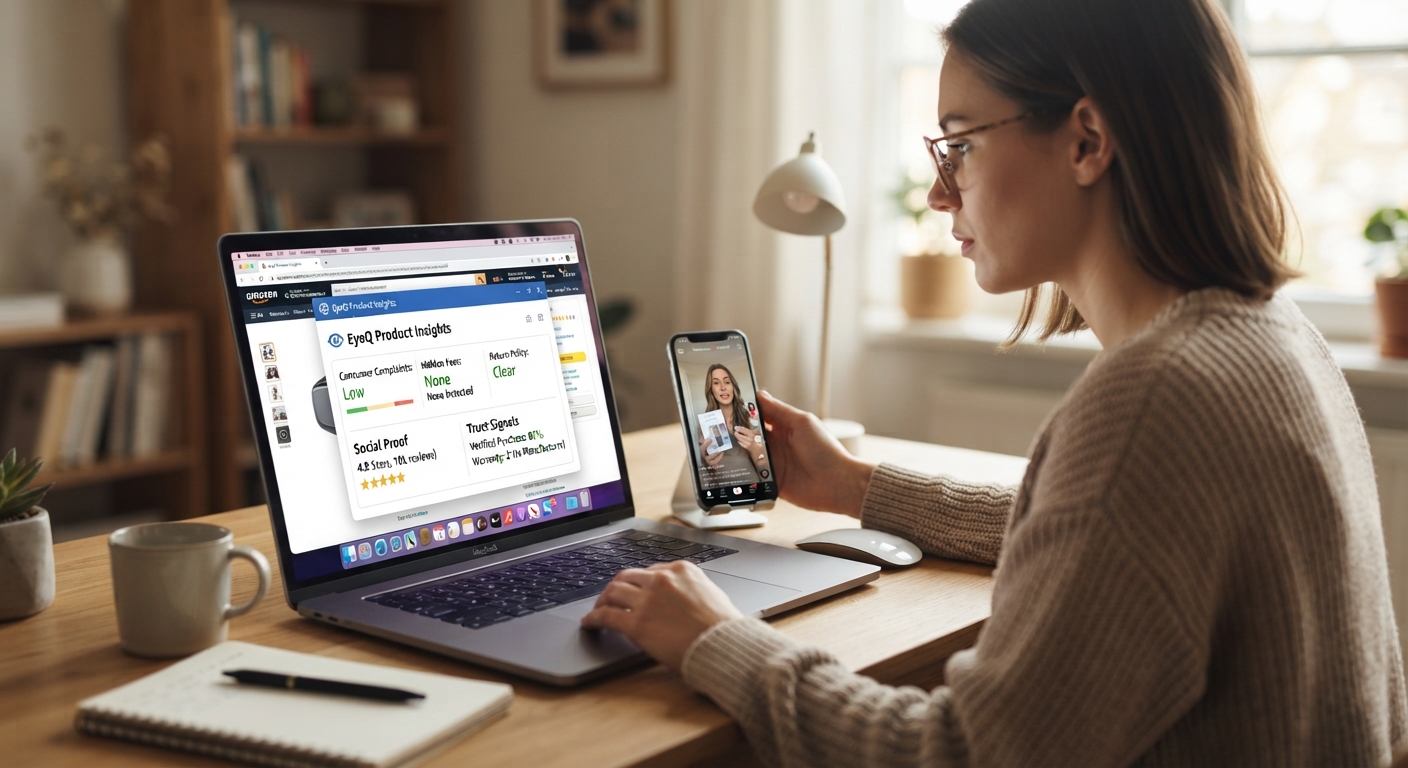 Woman wearing glasses at desk using a laptop with an open product summary window, holding a smartphone showing a social media video.