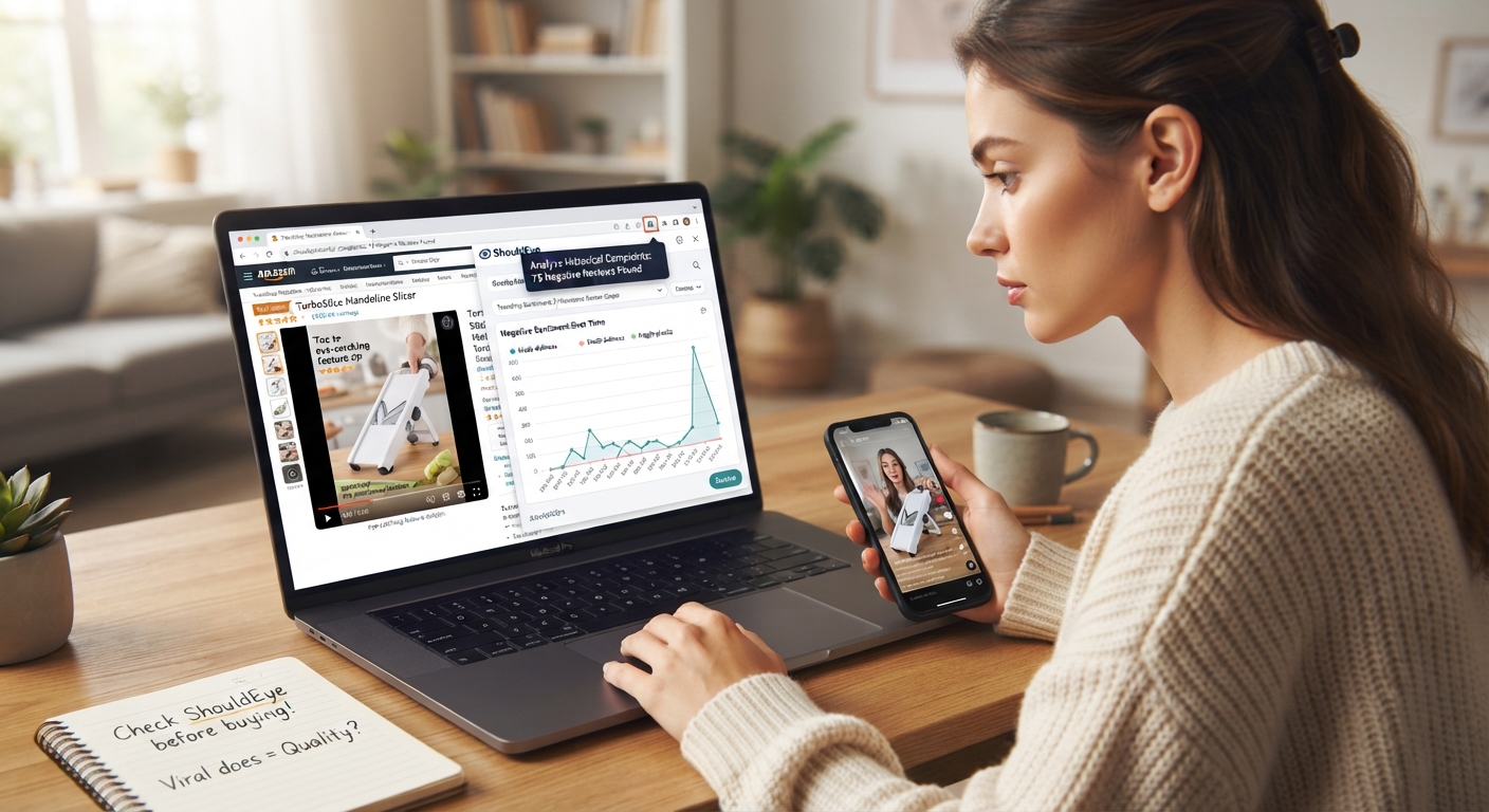 A woman uses a laptop and smartphone to research a viral mandoline slicer, with an analytics overlay showing a spike in complaints.