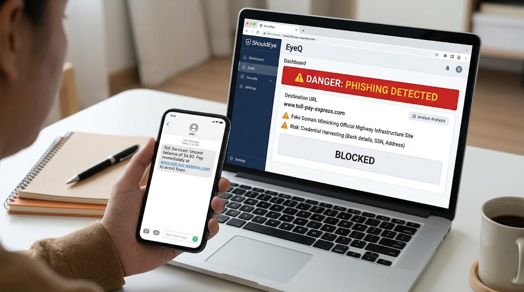 Laptop detecting a fake toll scam website shown on a phone, with EyeQ and ShouldEye blocking it as phishing[cite: 1].