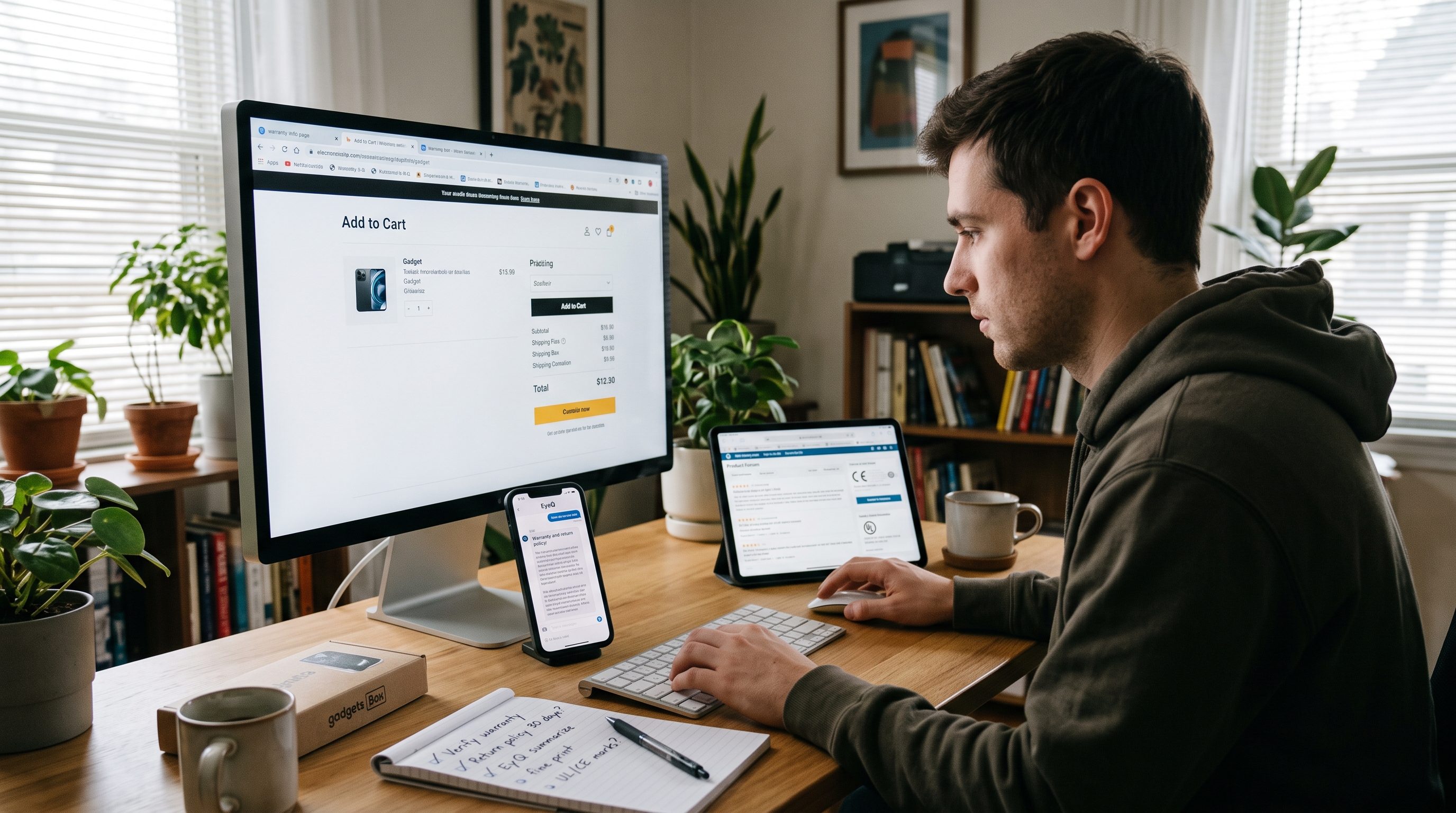 A man sits at a desk, looking at a computer monitor while a smartphone, tablet, and handwritten checklist rest nearby.