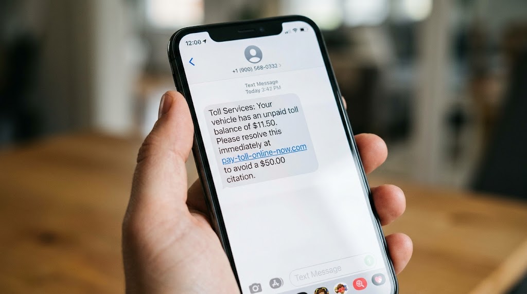 Close-up of a smartphone screen showing a fake text message claiming an unpaid toll balance with a suspicious link.
