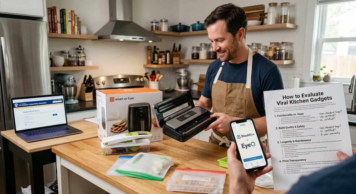 A man uses a phone app and a printed checklist to evaluate new, boxed kitchen gadgets on a kitchen counter.