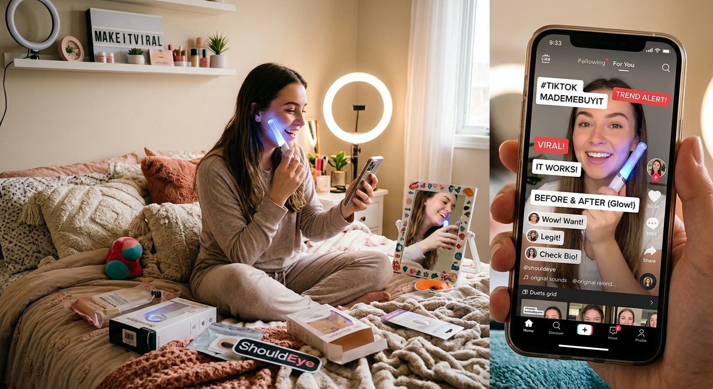 Split screen photo of a woman using a skincare wand in a bedroom and a hand holding a phone displaying a related TikTok.
