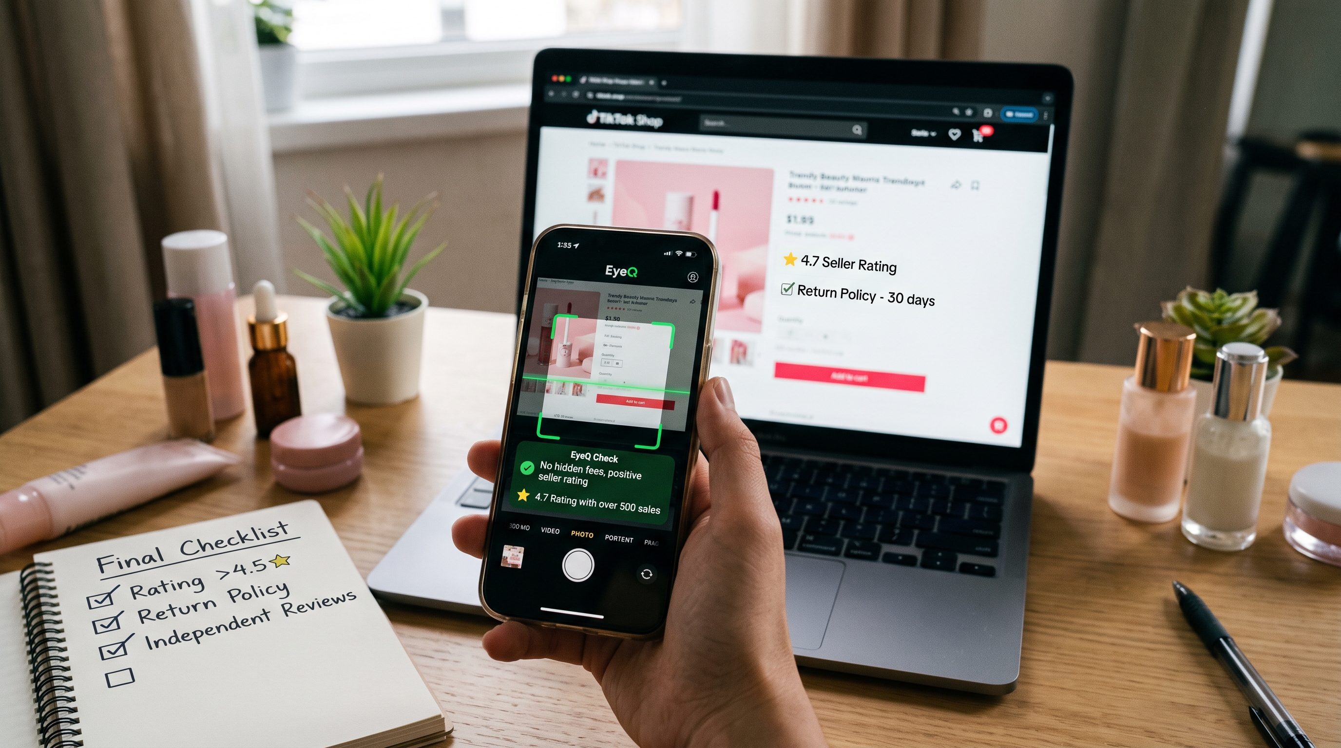 A hand holds a phone using the EyeQ app to scan a product on a laptop, alongside a checklist on a notebook.