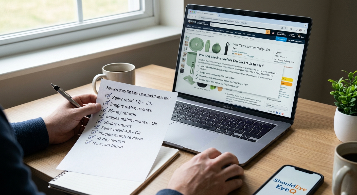 Laptop showing online product page next to a printed checklist and phone running ShouldEye EyeQ app on a desk.