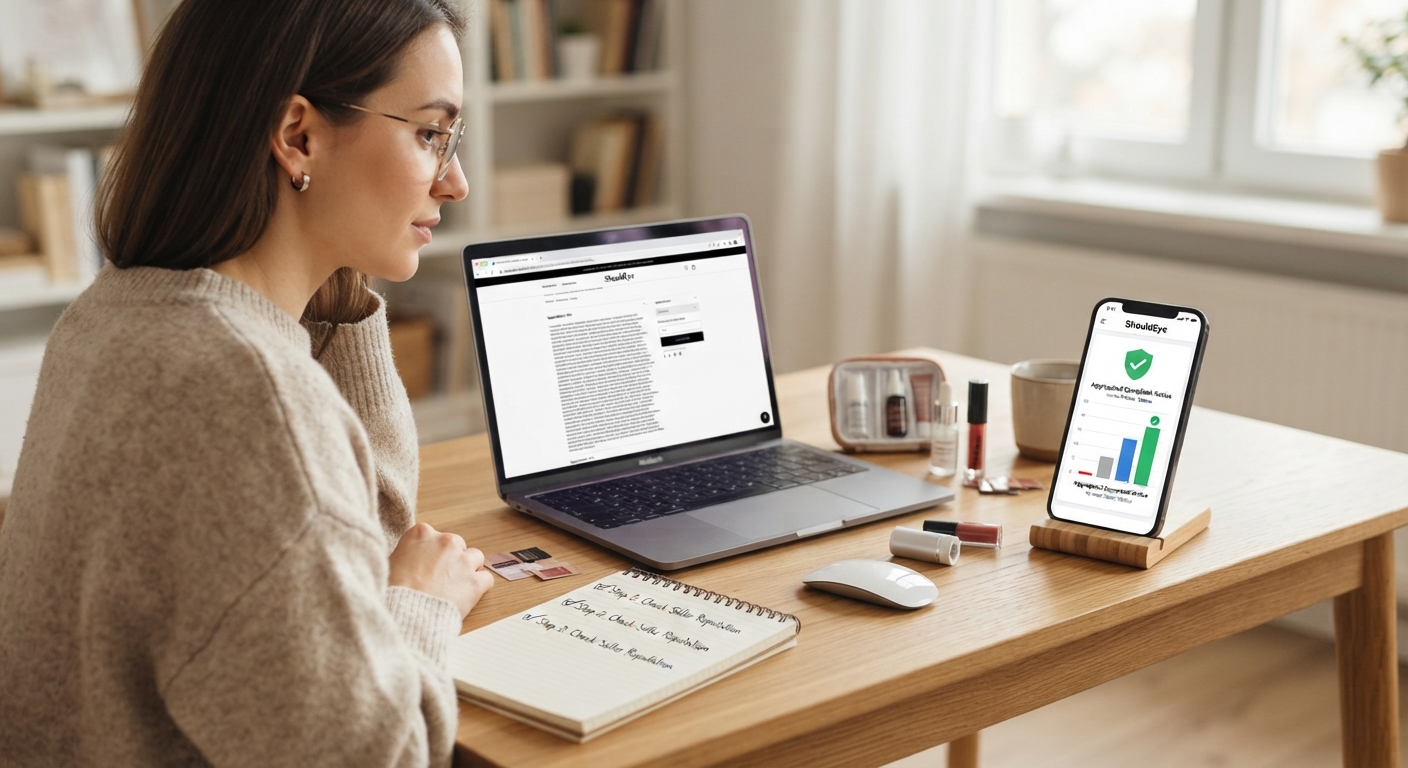 A woman in a sweater and glasses looks at a laptop and a phone on a stand displaying a green shield and a graph.