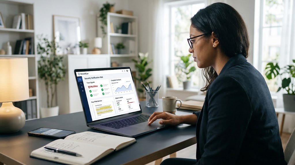 Woman using laptop displaying ShouldEye security verification dashboard to review subscription details and trust signals.