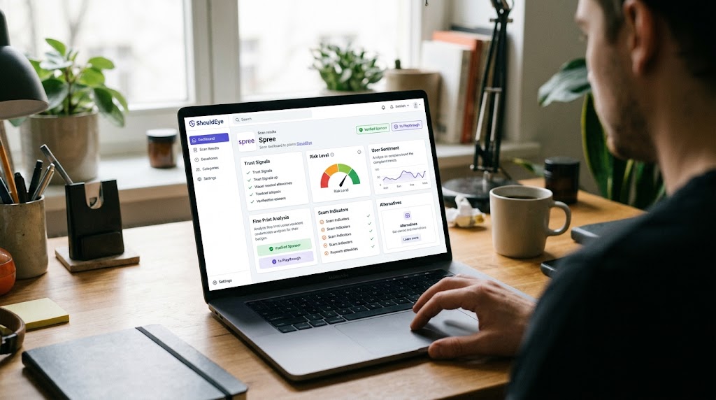 A laptop on a desk showing the ShouldEye dashboard analyzing Spree trust signals, risk levels, and fine print details.