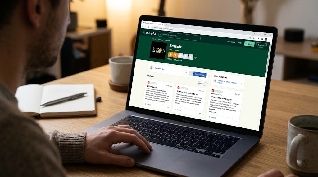 Laptop screen showing Betsoft Trustpilot reviews and star ratings on a desk.