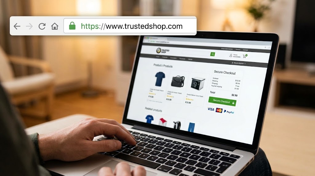 A person typing on a laptop showing a secure online store with HTTPS address bar and padlock symbol for safe shopping.