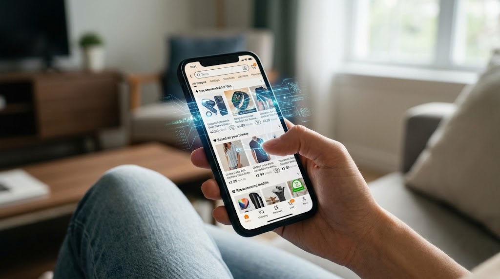 A woman cross-checks product reviews and price trends on her laptop while using visual search on her mobile phone.