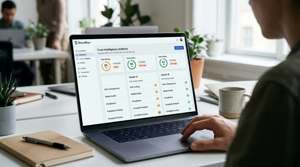 An analyst viewing the ShouldEye trust intelligence dashboard to compare security vendors side by side on a laptop.