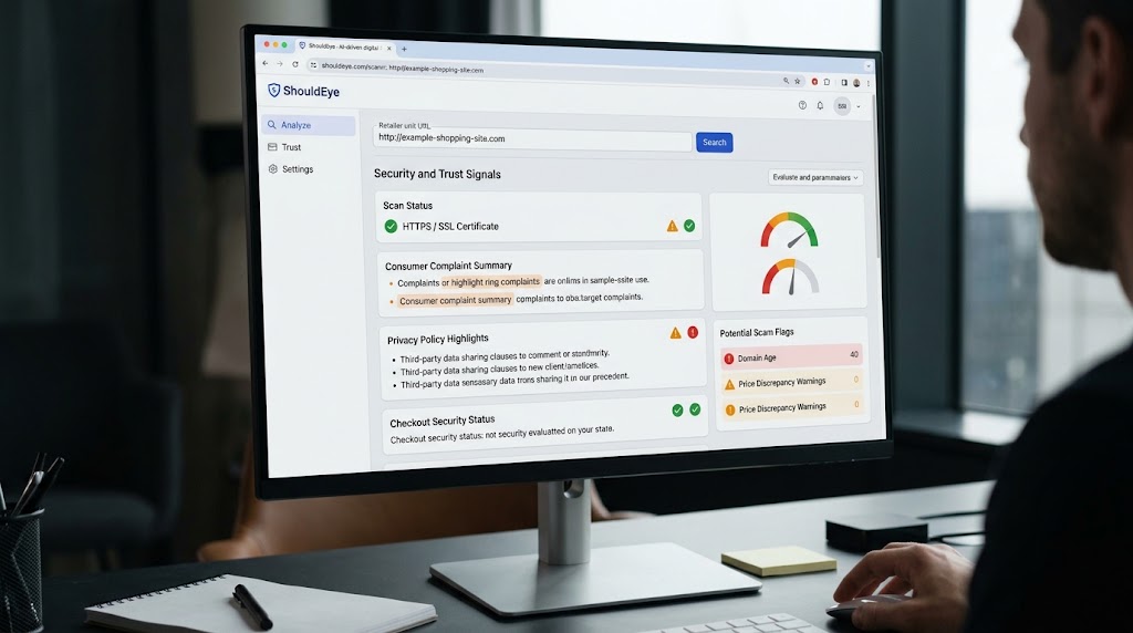 An over-the-shoulder view of a person using ShouldEye on a monitor to scan website security, alerts, and trust metrics.