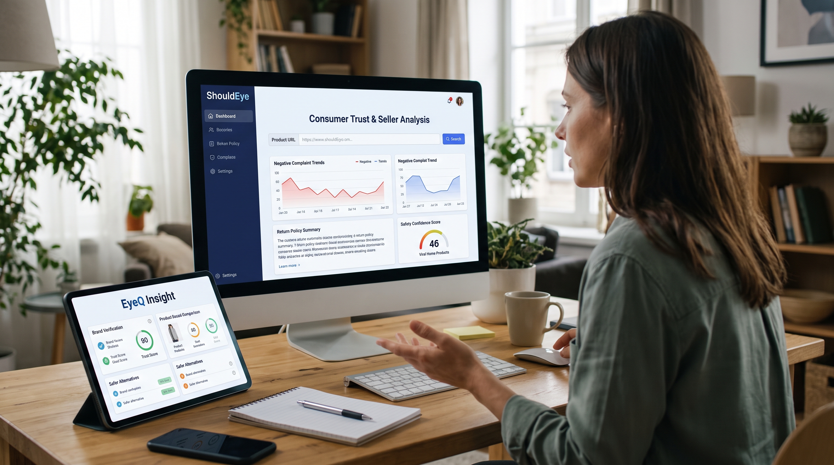 Woman analyzing ShouldEye seller data on a monitor, while an EyeQ Insight comparison tablet sits nearby on the desk.