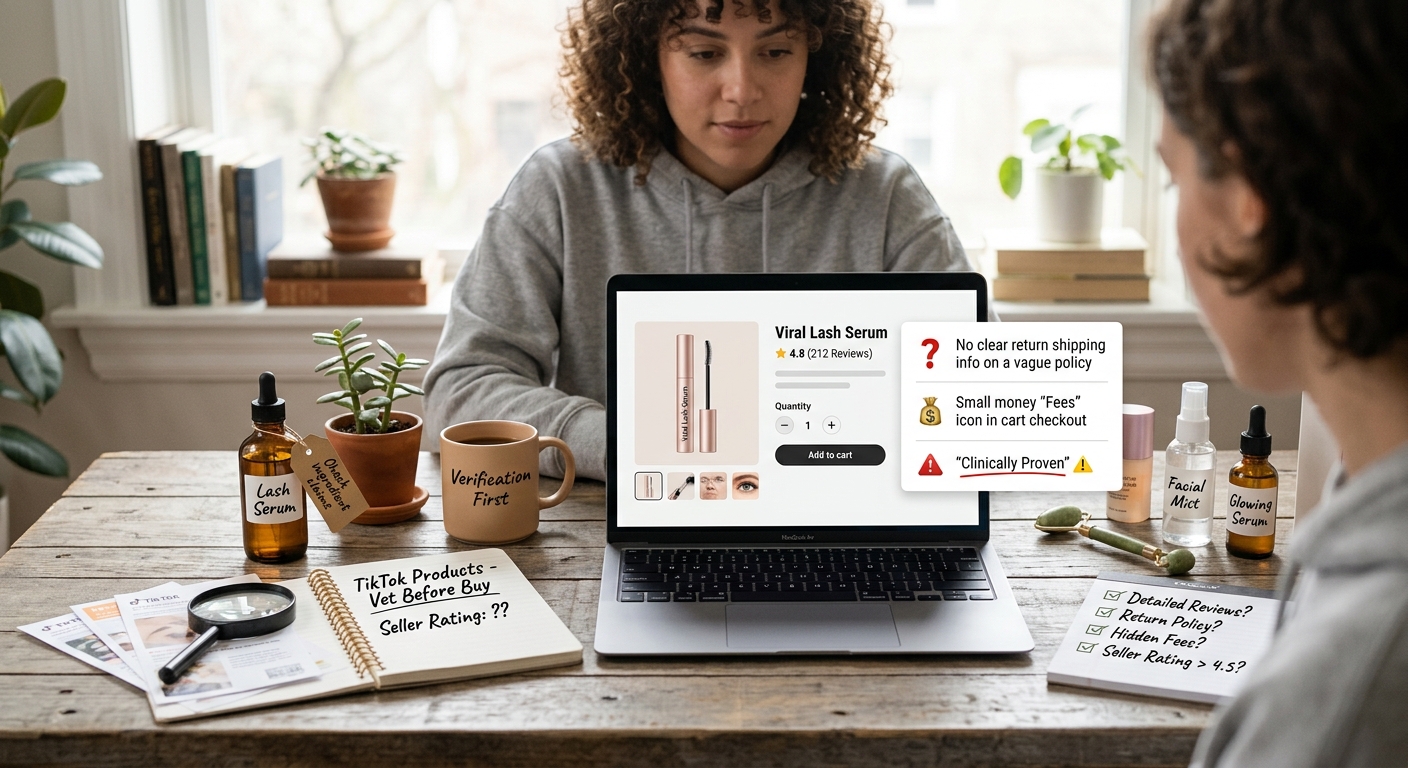 A woman reviewing a viral product listing on her laptop while checking off red flags like hidden fees and return terms.