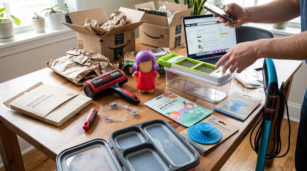A selection of viral Amazon home products and open cardboard boxes displayed on a wooden table near a laptop.