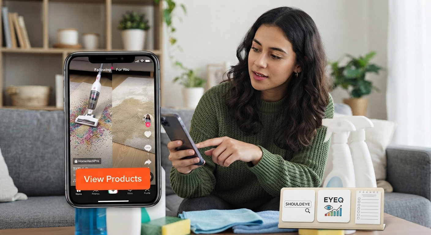 A woman on a sofa looks at her phone displaying a TikTok vacuum demo with a 'View Products' button. On the table are 'SHOULDEYE' and 'EYEQ' logos