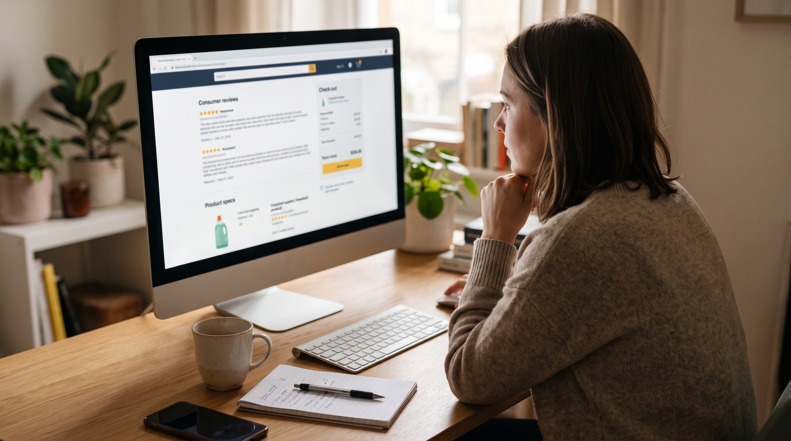 Woman sitting at a desk studying online reviews and product details on a computer screen while taking notes.