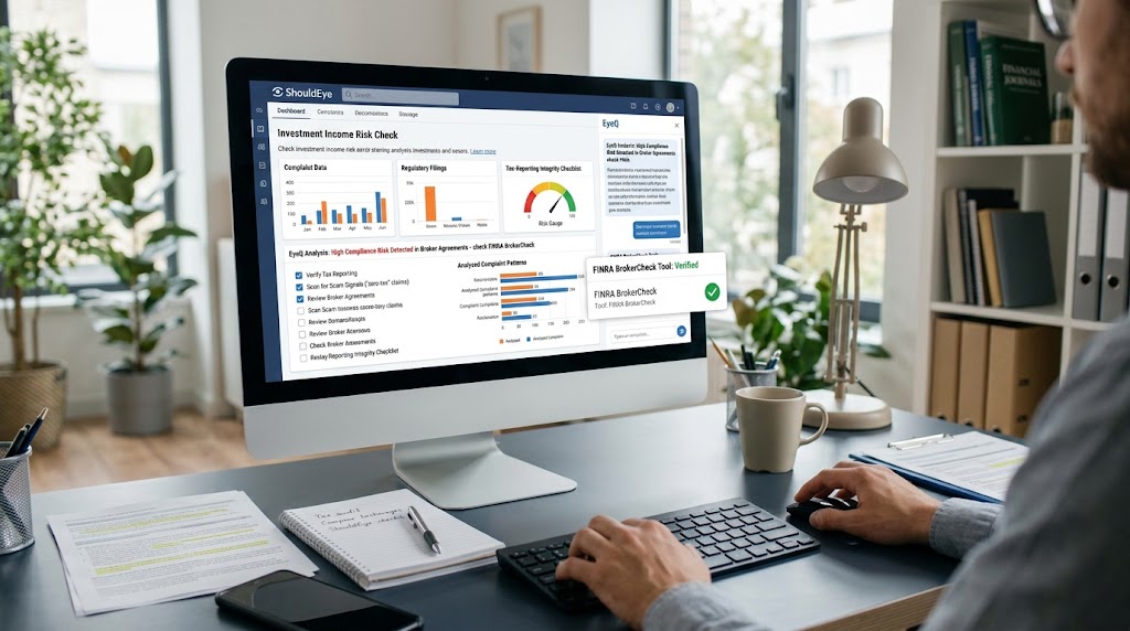 Financial dashboard on a computer screen showing ShouldEye risk checks, broker data, and FINRA BrokerCheck verification.