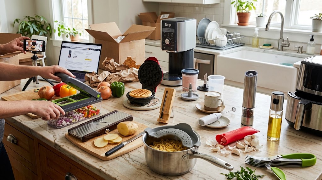 Various viral kitchen tools and gadgets arranged on a marble countertop for testing and filming.