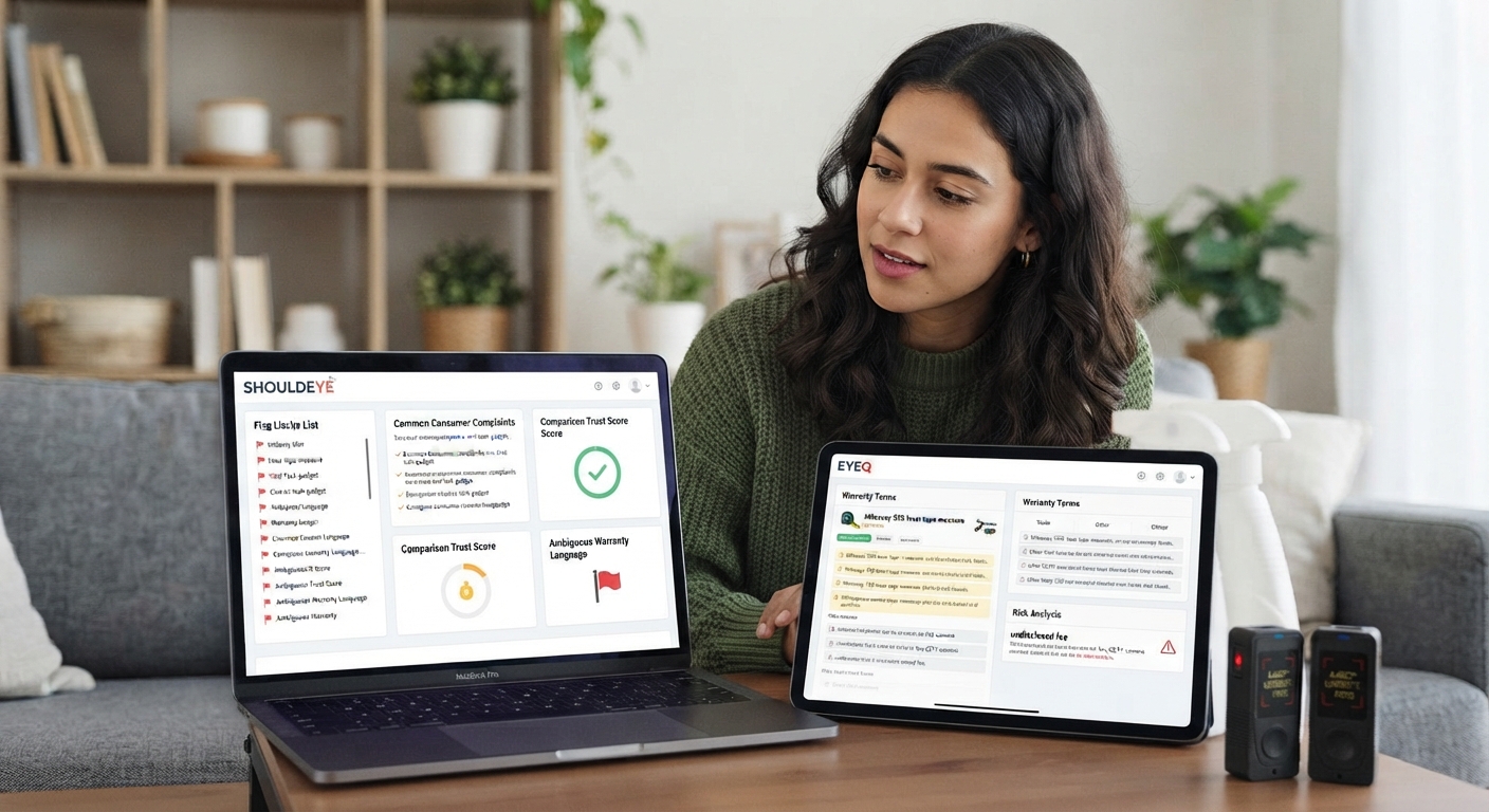 A woman looks at a laptop showing 'SHOULDEYE' analysis and a tablet with 'EYEQ' warranty data, sitting on a wooden table.