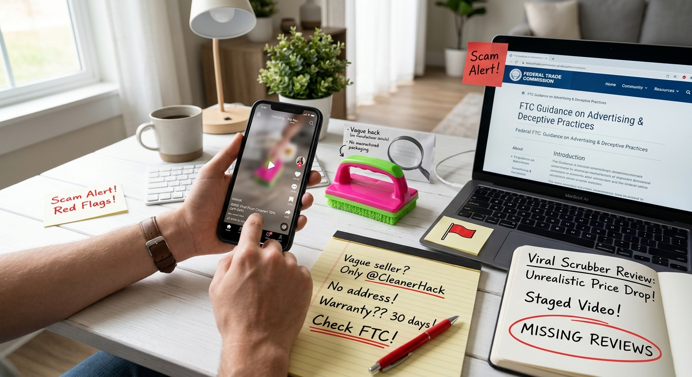 A person investigating red flags of a viral product like a limited warranty and missing reviews using a phone and laptop.