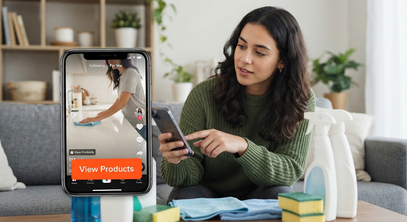 A woman looks at a smartphone showing a TikTok cleaning demo with a View Products button, next to cleaning supplies.