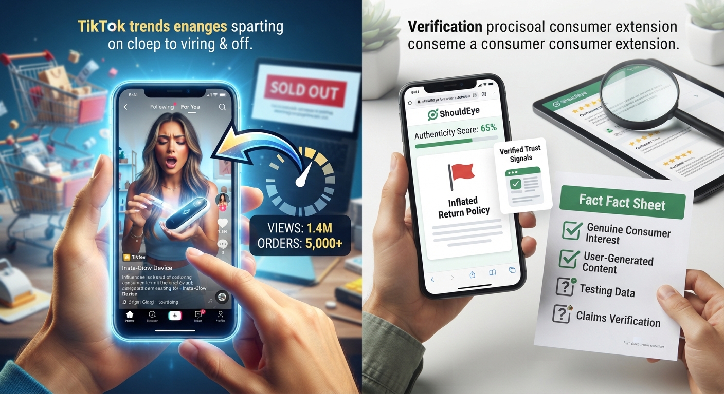 Hands holding smartphones displaying social media content and verification data alongside a sold-out notice.