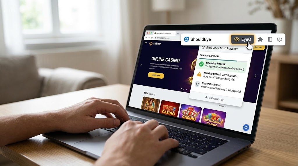 Laptop screen showing ShouldEye extension scanning a casino website, displaying EyeQ trust, licensing, and payout data.