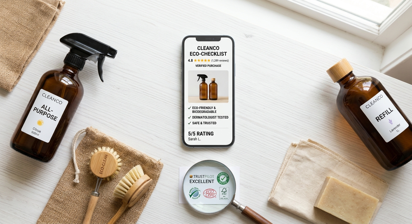 A smartphone displaying a verified cleaning product review checklist surrounded by amber spray bottles and brushes.