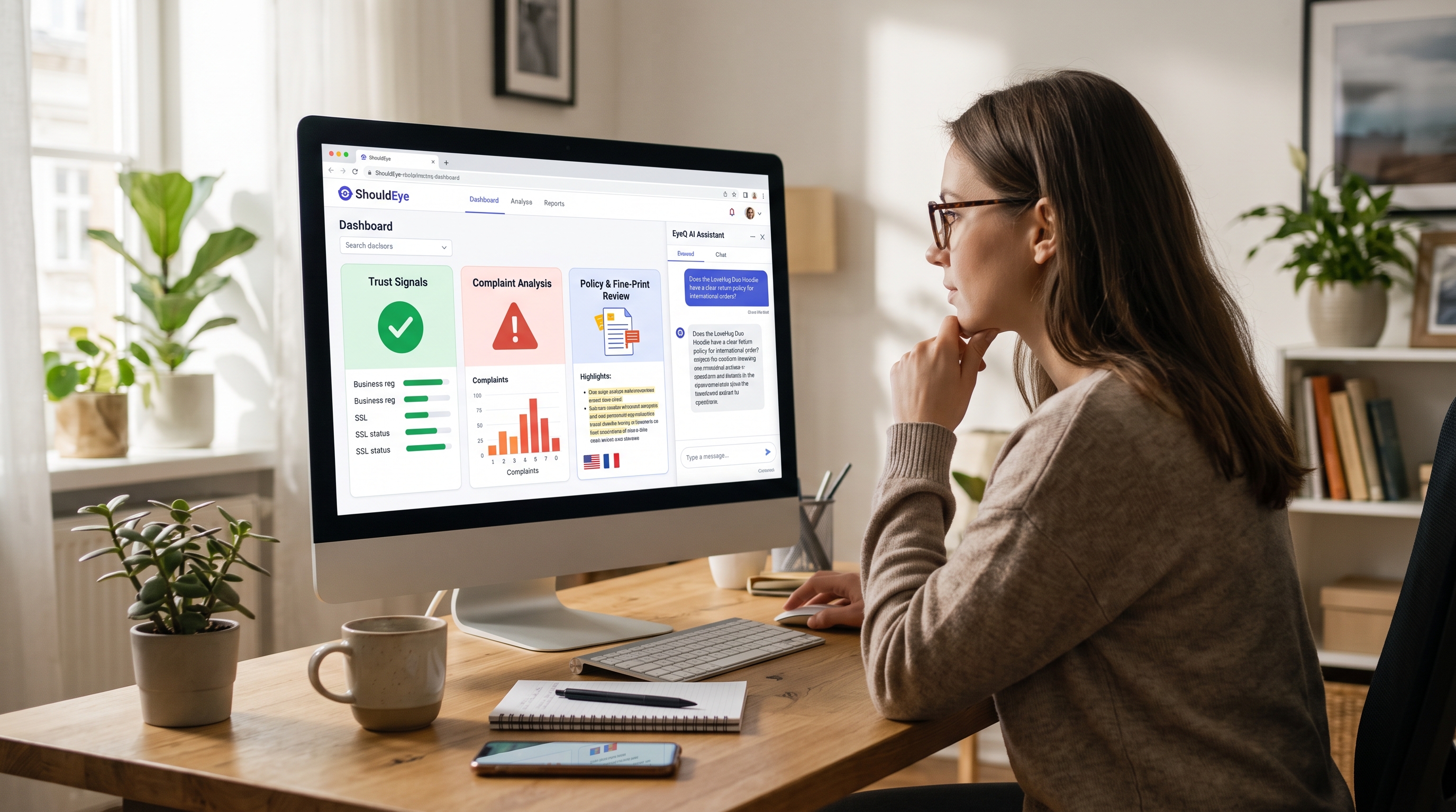 A woman sits at a desk, looking at the ShouldEye interface on her computer to check e-commerce trust signals.