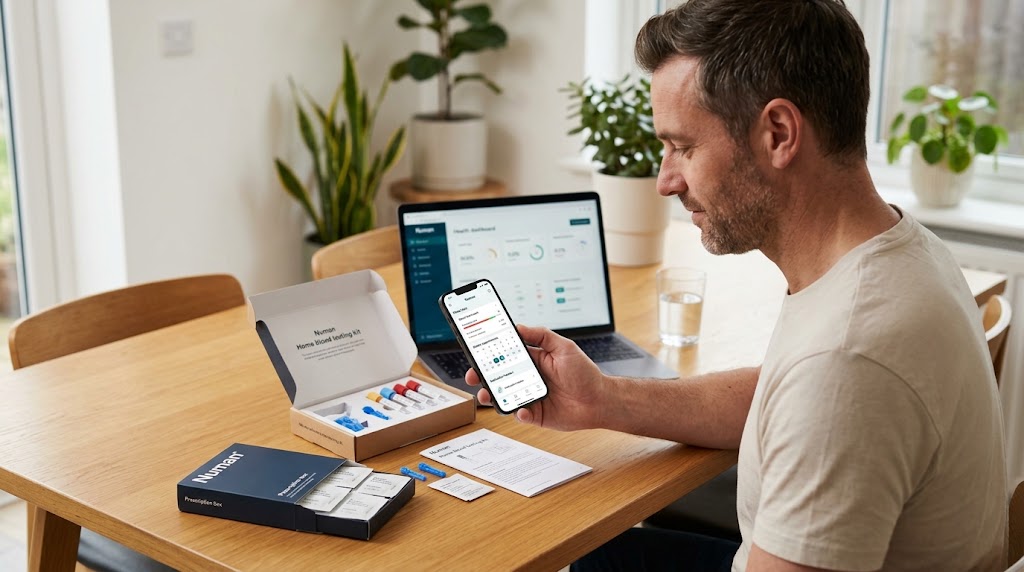 Man at table holding phone displaying a health app next to an open Numan blood test kit and a prescription box.