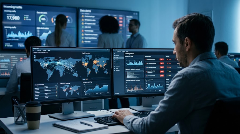 Security team analyzing global cyber threat patterns and real-time fraud alerts on dual monitors in a SOC control center.