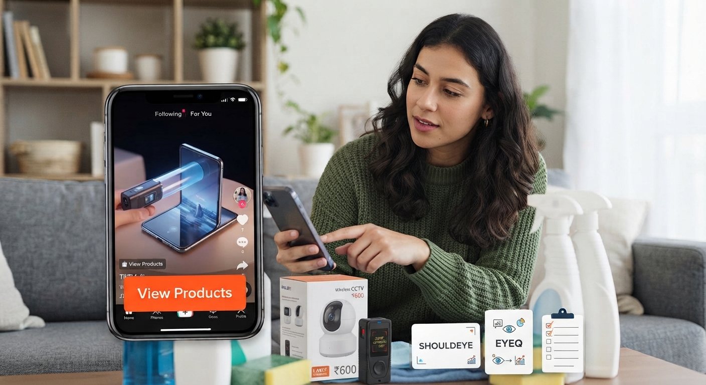 A woman on a sofa looks at her phone showing a tech gadget video. On the table are gadget boxes, cleaning supplies, and verification logos.