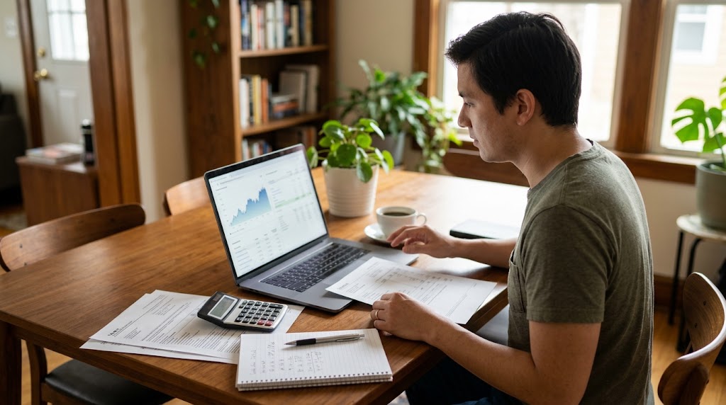 Man at a dining table review online stock charts and paper tax forms to calculate capital gains on his laptop.