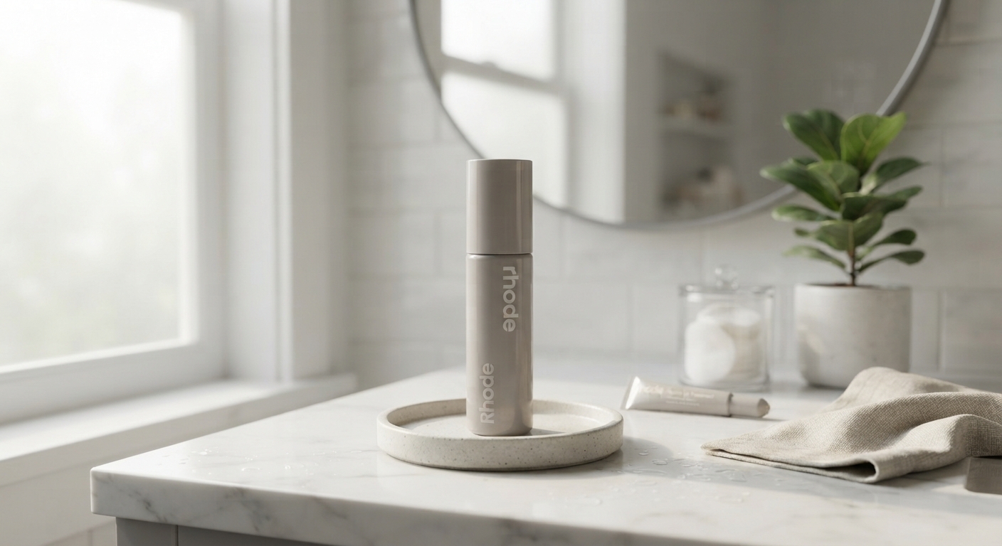 A beige Rhode Glazing Mist bottle stands on a speckled tray on a marble bathroom counter with a mirror and plant.