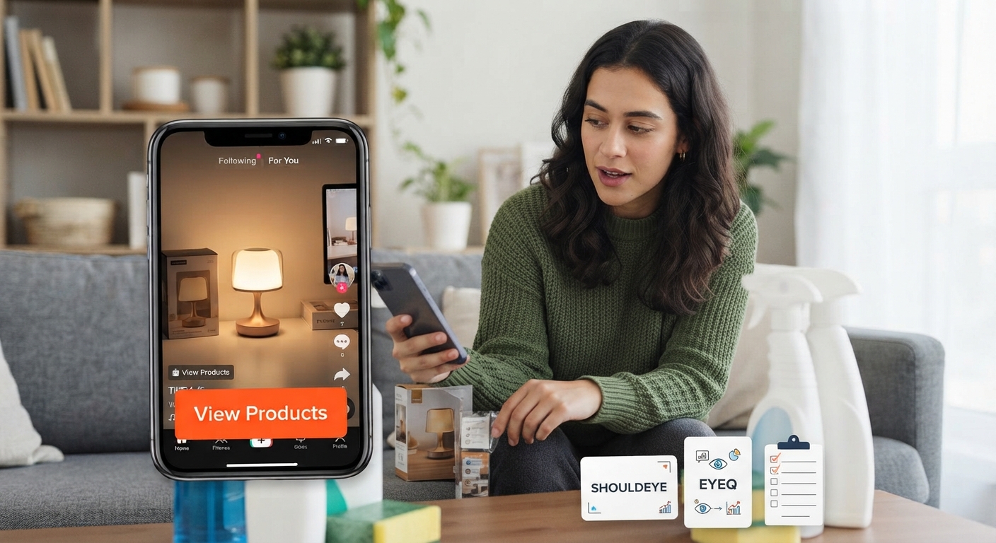 A woman on a sofa looks at her phone, which shows a TikTok video of a lamp with a 'View Products' button. Logos for 'SHOULDEYE' and 'EYEQ' are visible.