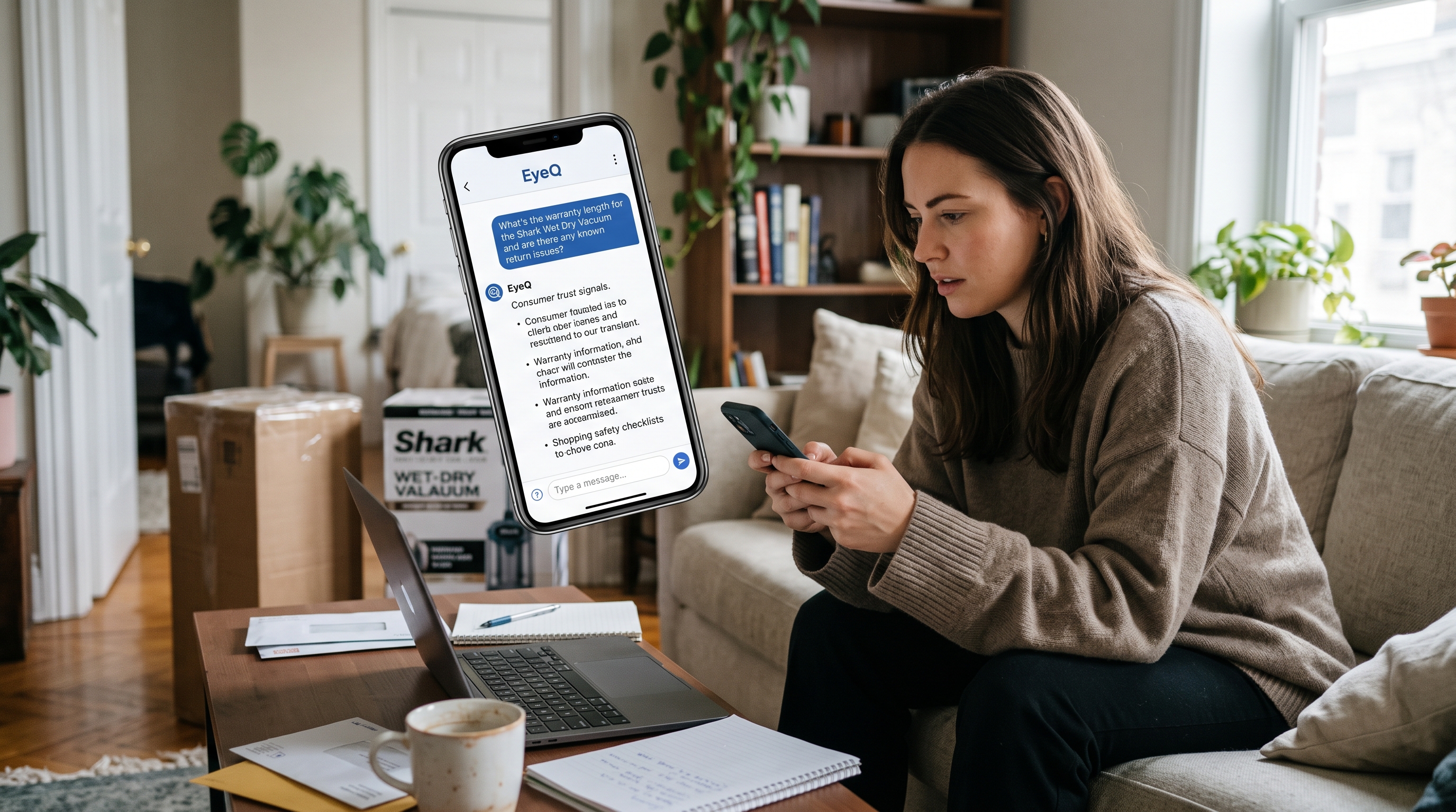 A woman sits on a sofa holding a phone displaying the EyeQ app next to an overlay showing a product verification chat.