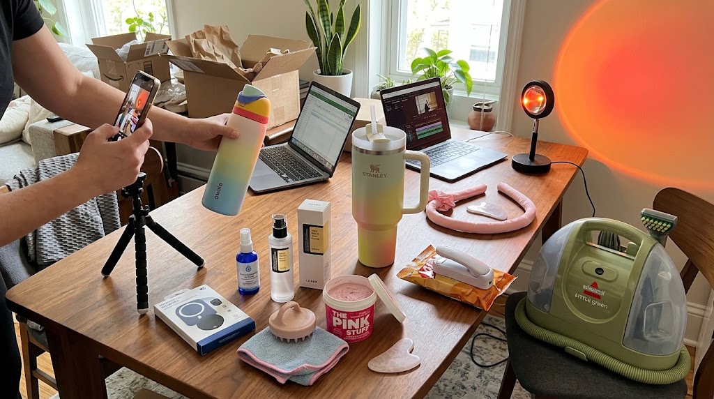 Viral TikTok products, including a Stanley tumbler and Pink Stuff cleaner, laid out on a table for product testing.