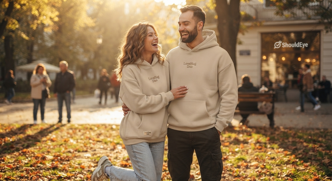 A man and woman in matching beige "LoveHug Duo" hoodies embrace and laugh in a sunlit autumn park with blurred background people.