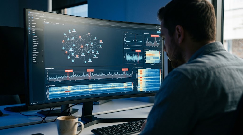 A cybersecurity analyst monitors a large screen displaying complex, real-time data networks and online risk patterns.